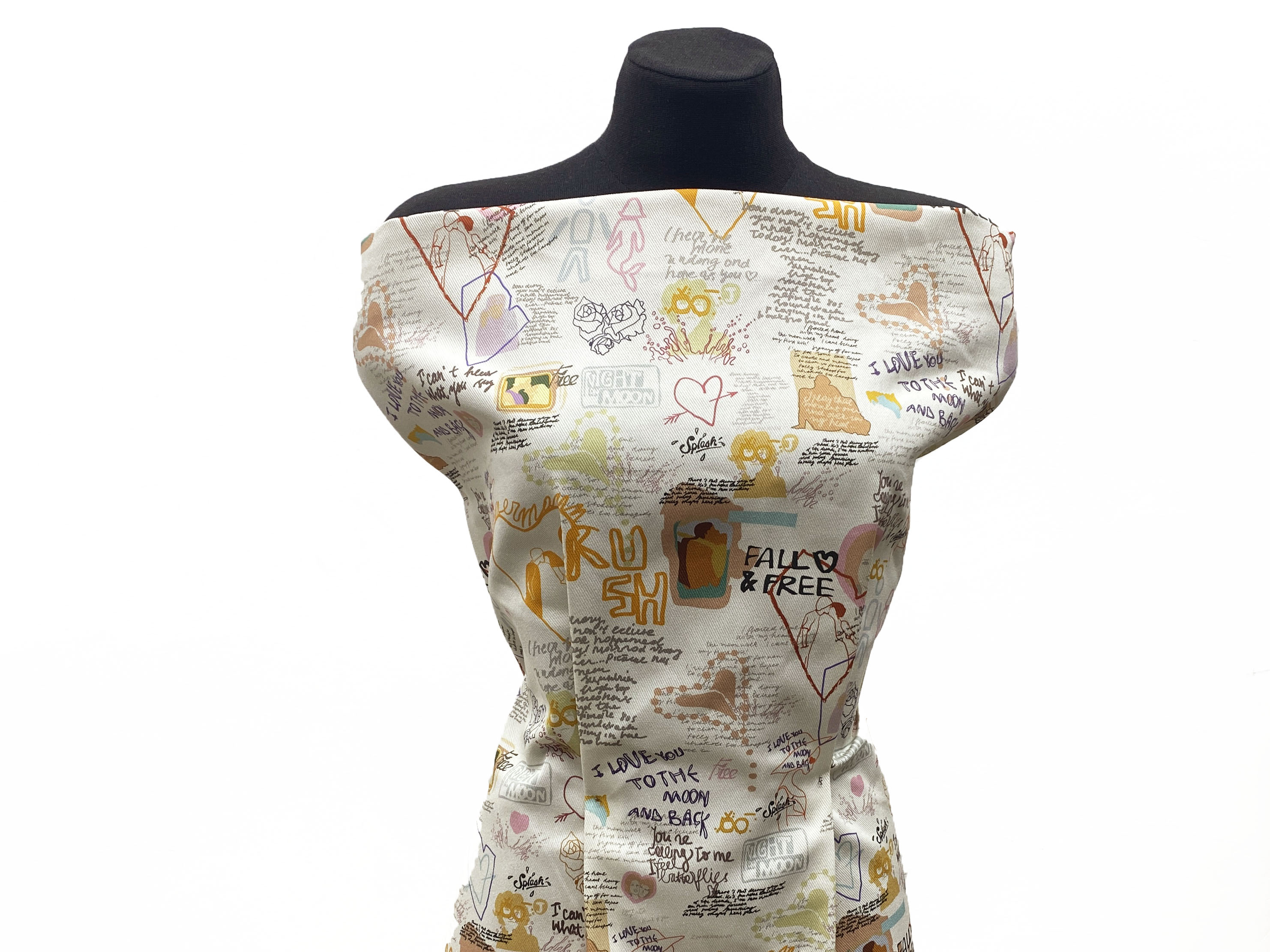 Ткань Джинса молочного цвета с принтом  надписи  12657 5
