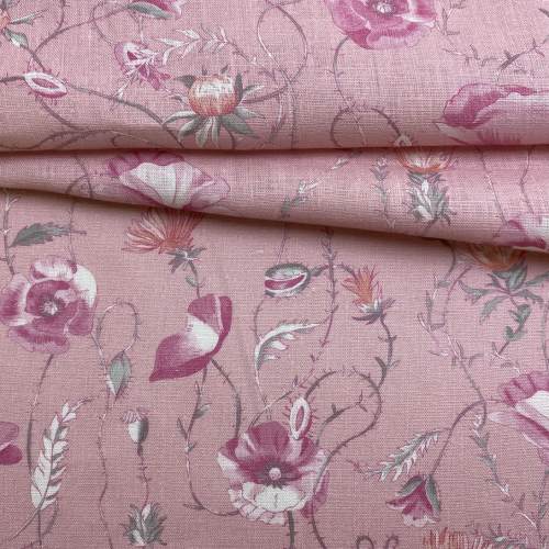 Ткань Ткань лен розового цвета с принтом  маки 20259