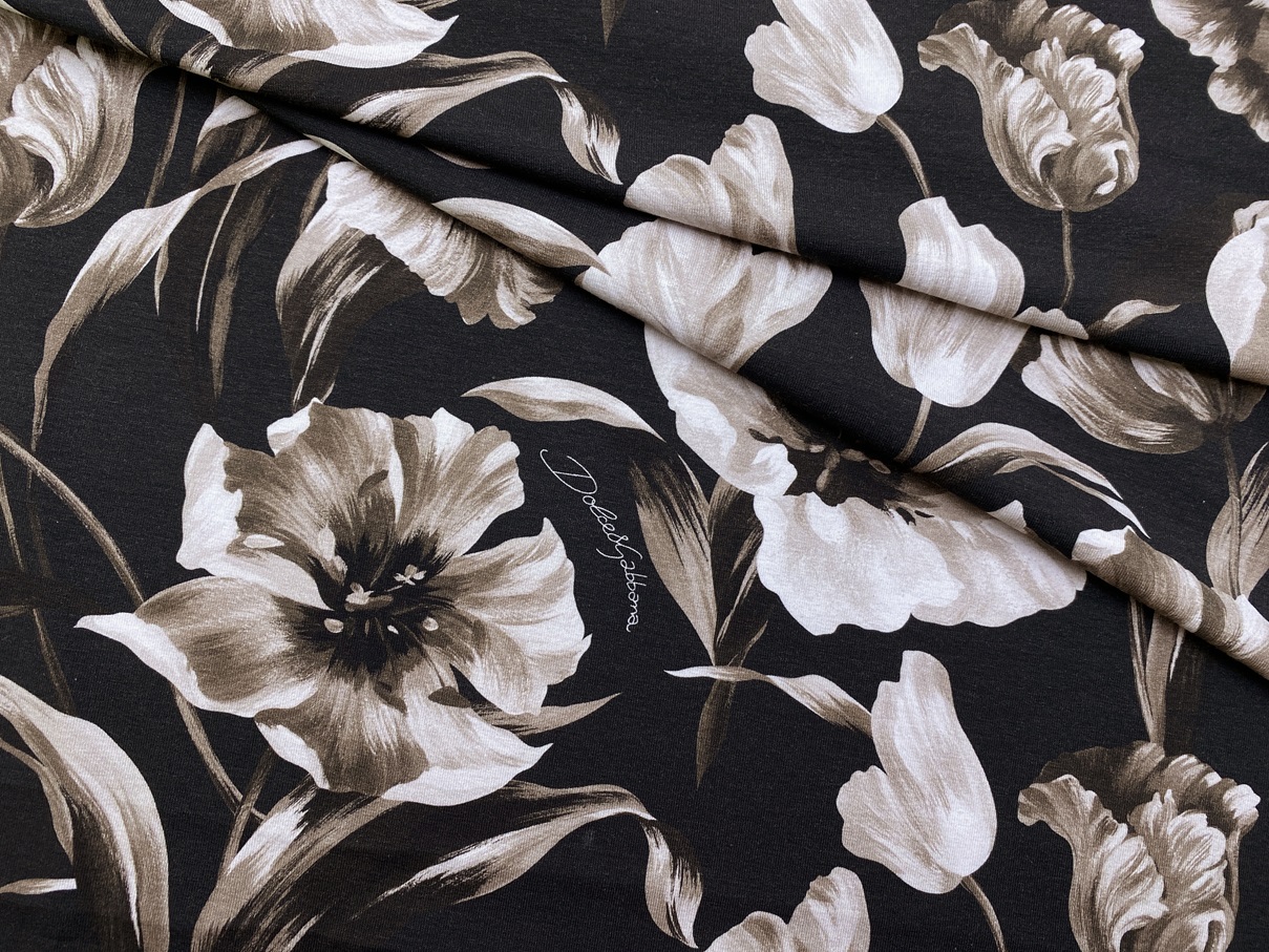 Ткань Трикотаж  чёрного цвета с принтом  кофейные цветы 38270 1
