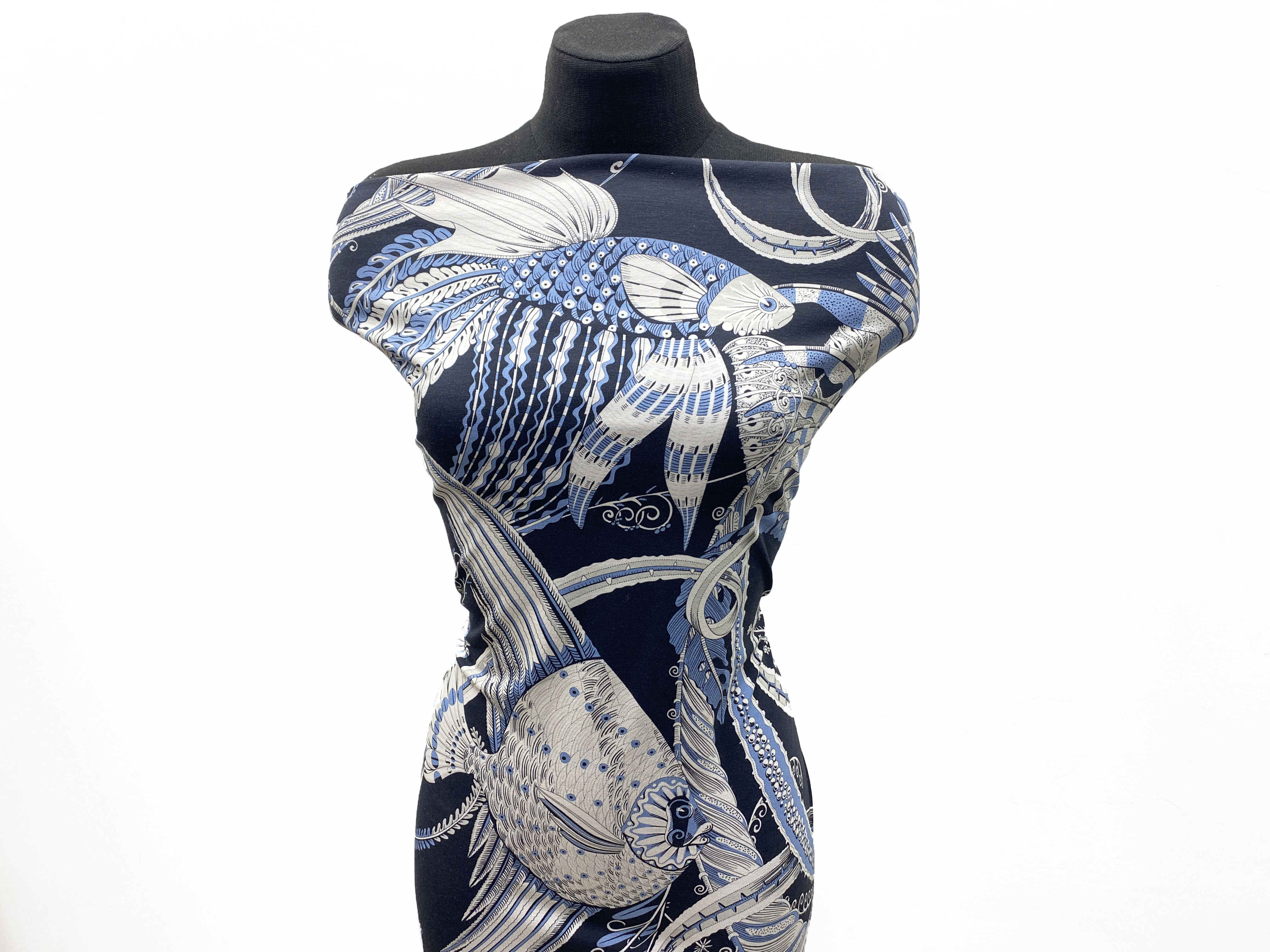 Ткань Трикотаж  чёрного цвета с принтом  крупные рыбы  38272 5