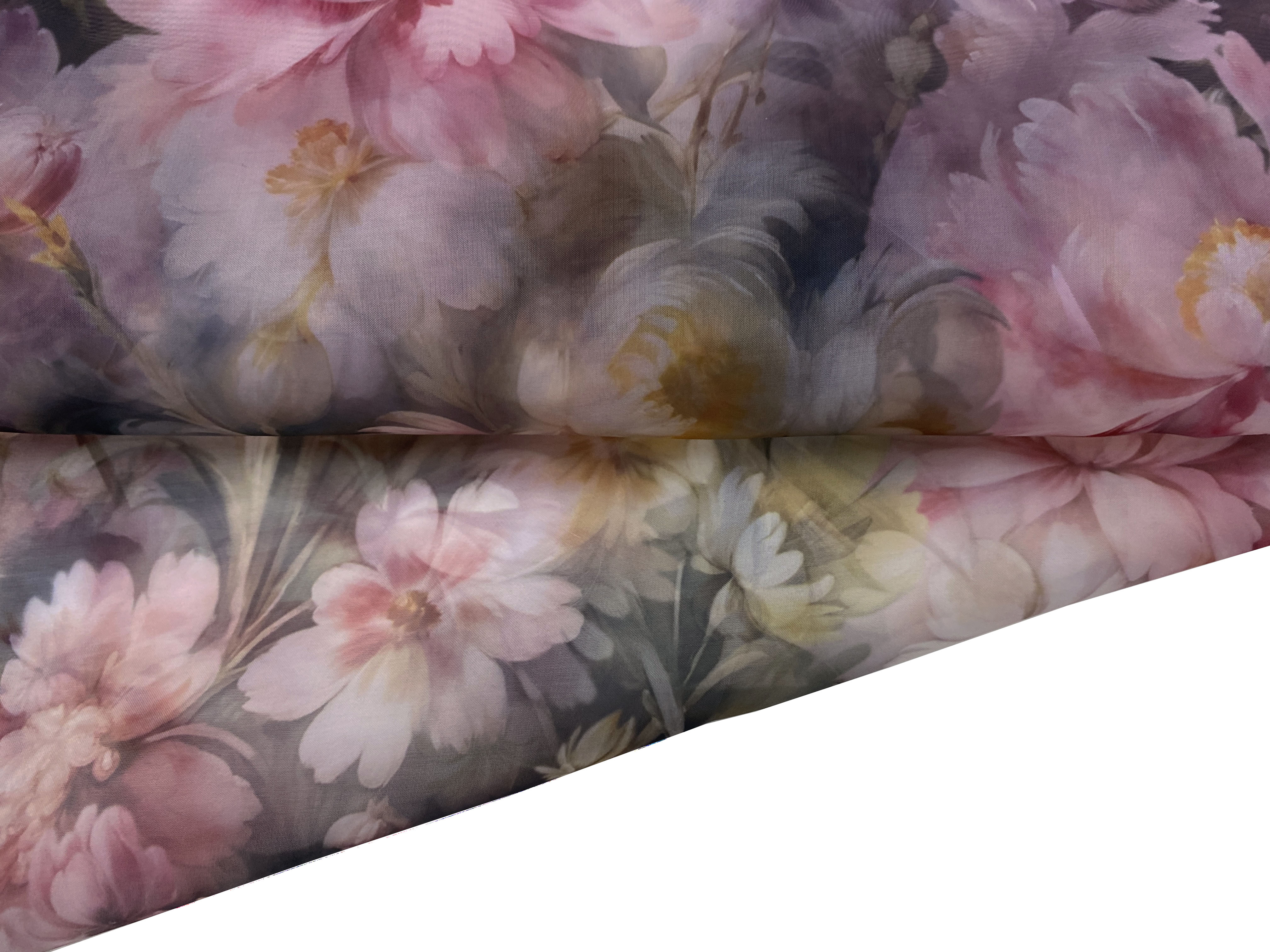 Ткань Органза серого цвета с принтом цветы 26416 4