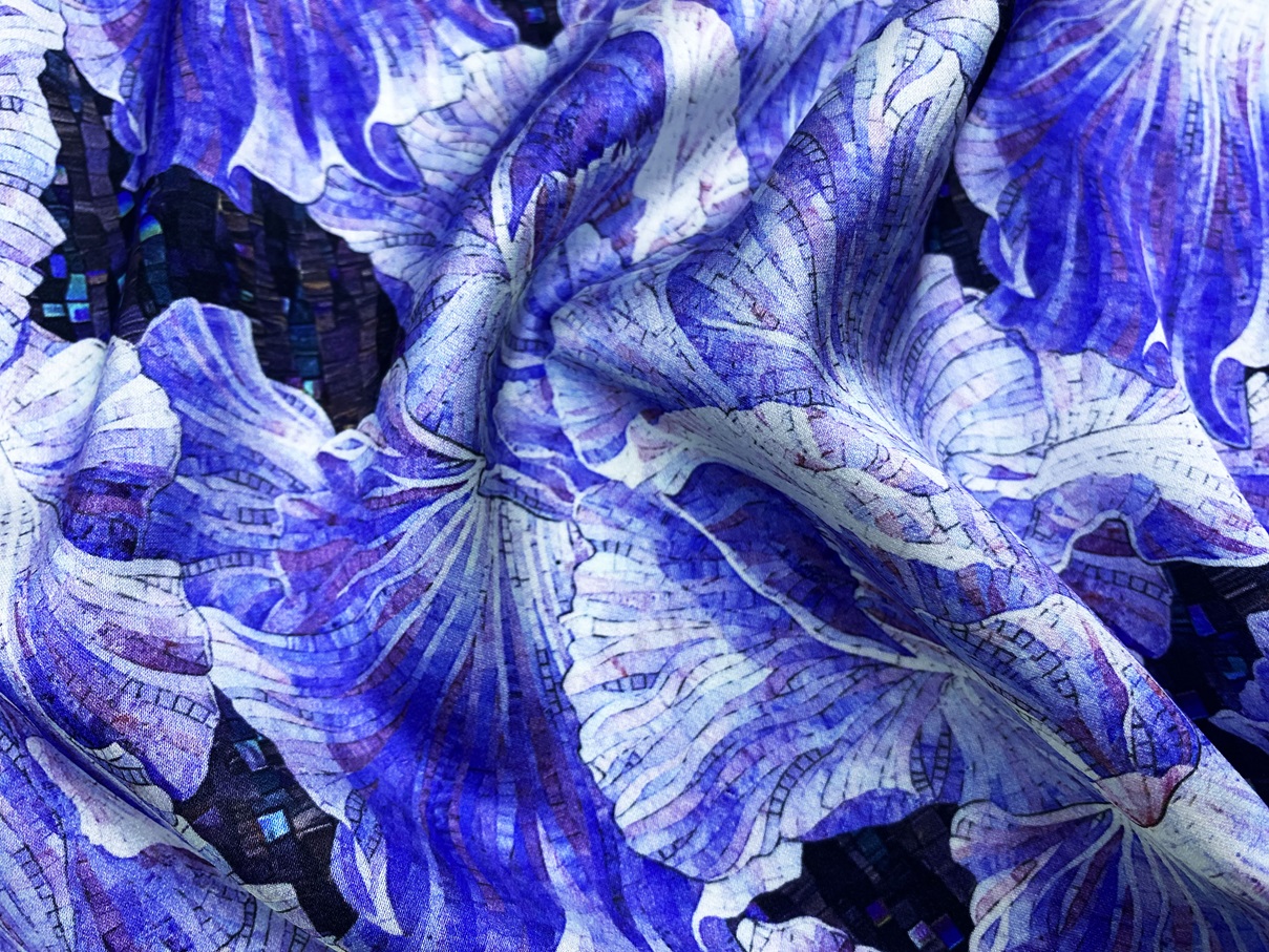 Ткань Атласный Шёлк синего цвета с принтом  цветы, мозаика  46431 3