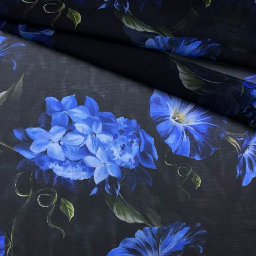 Ткань Шифон чёрного цвета с принтом  голубые цветы 24104