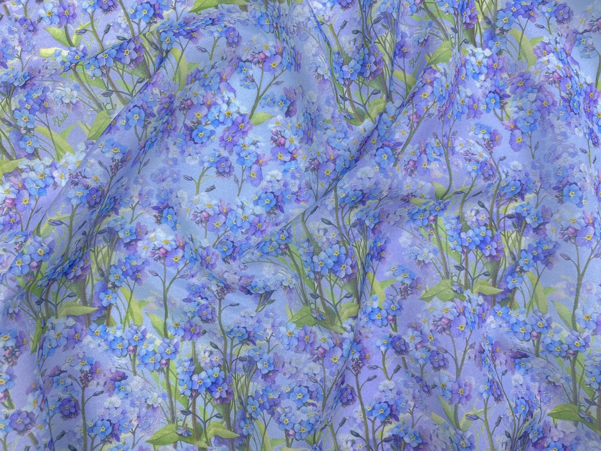 Ткань Муслин голубого цвета  с принтом цветы незабудки  16736 2