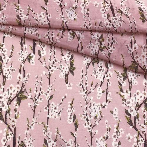 Ткань Муслин розового цвета с принтом яблоневые цветы  16738