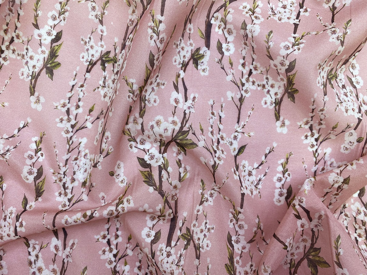Ткань Муслин розового цвета с принтом яблоневые цветы  16738 2