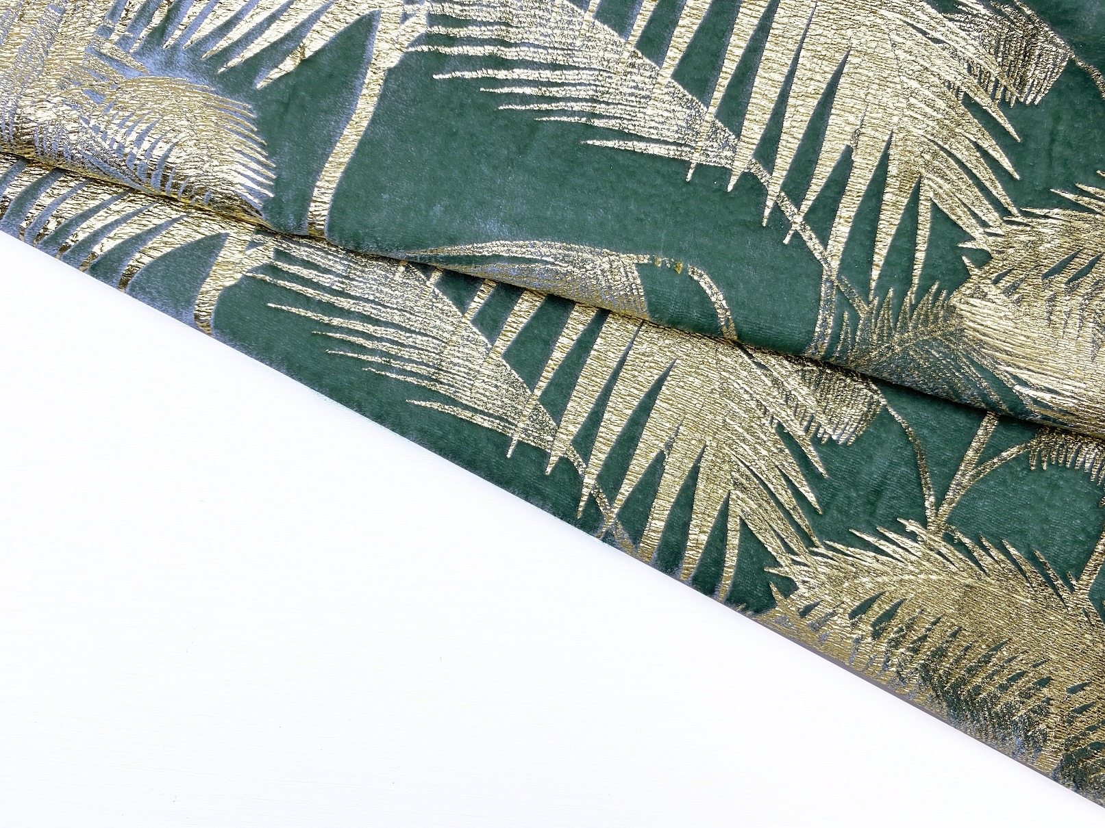 Ткань Бархат оливкового цвета с принтом   золотые пальмовые  листья 03870 4